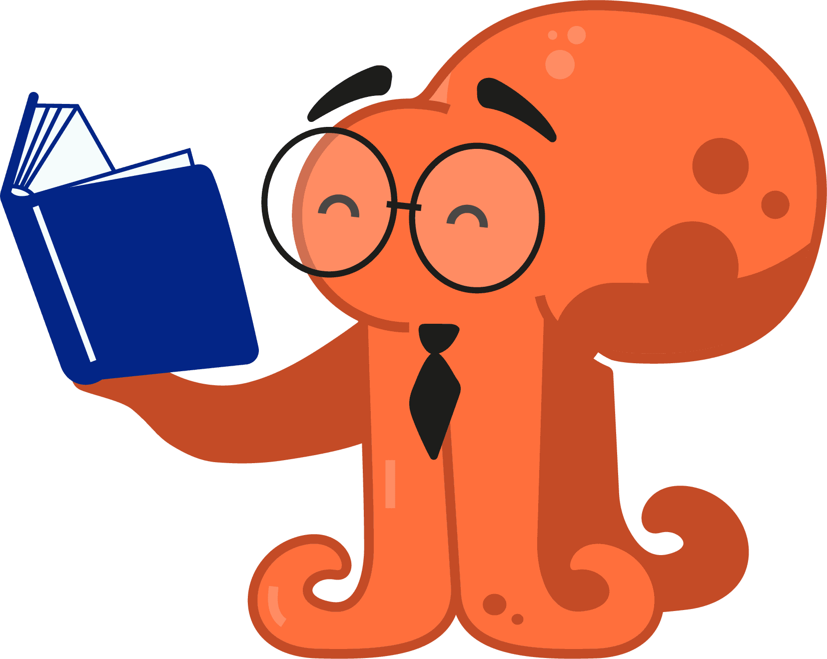 Prof. Otto, il polpo arancione con gli occhiali e la cravatta, con un libro fra i tentacoli