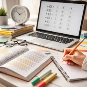 Scrivania con libri e appunti su come prepararsi al TOLC-SU