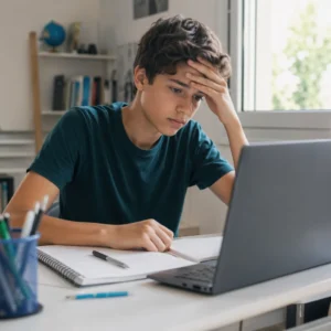 Studente con ansia da INVALSI davanti al computer