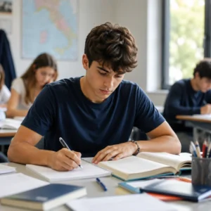 Studente concentrato durante la preparazione alla maturità 2026 in aula studio