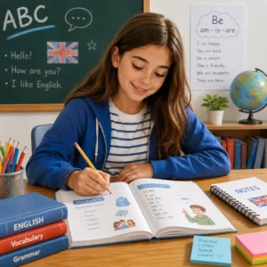Studentessa studia il programma inglese prima media in classe