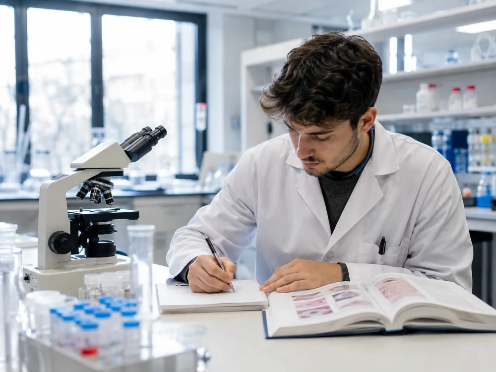 studente di biotecnologie e medicina in laboratorio universitario